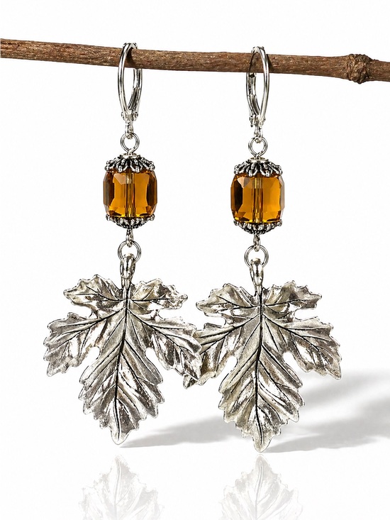 Hand Crafted Jewelry - Amber Leaf Earrings, Silver Botanical Dangle, Nature Inspired Jewelry